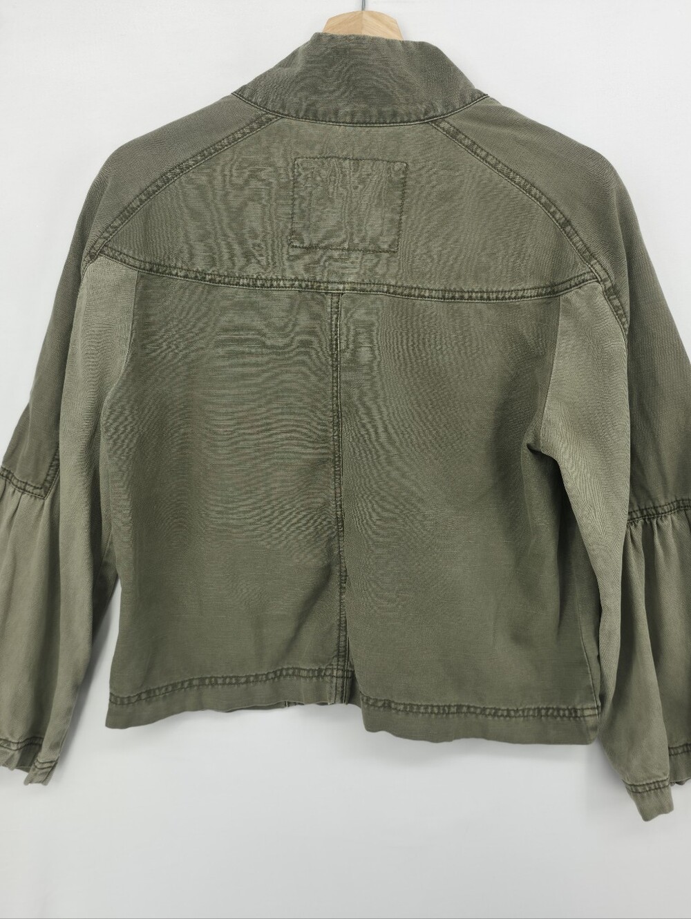 Anthropologie Olive Linen Blend Funnel Neck Utility Jacket Bell Sleeve Medium - Picture 7 of 15